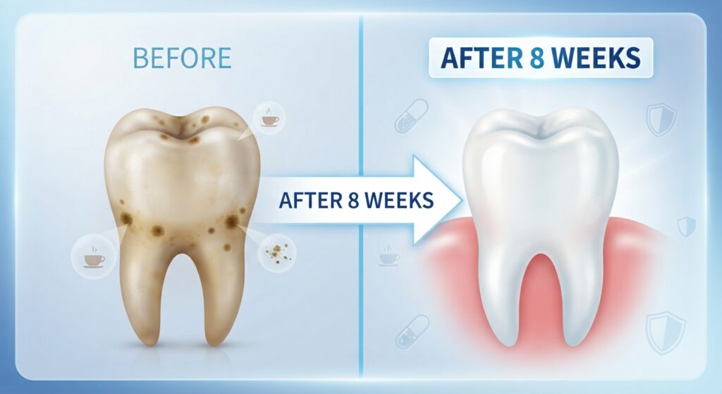 Split-screen: Stained tooth vs. Bright white tooth with arrow