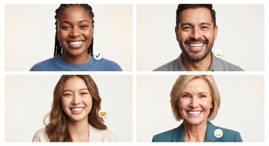 4 diverse people smiling with bright white teeth (montage/grid)