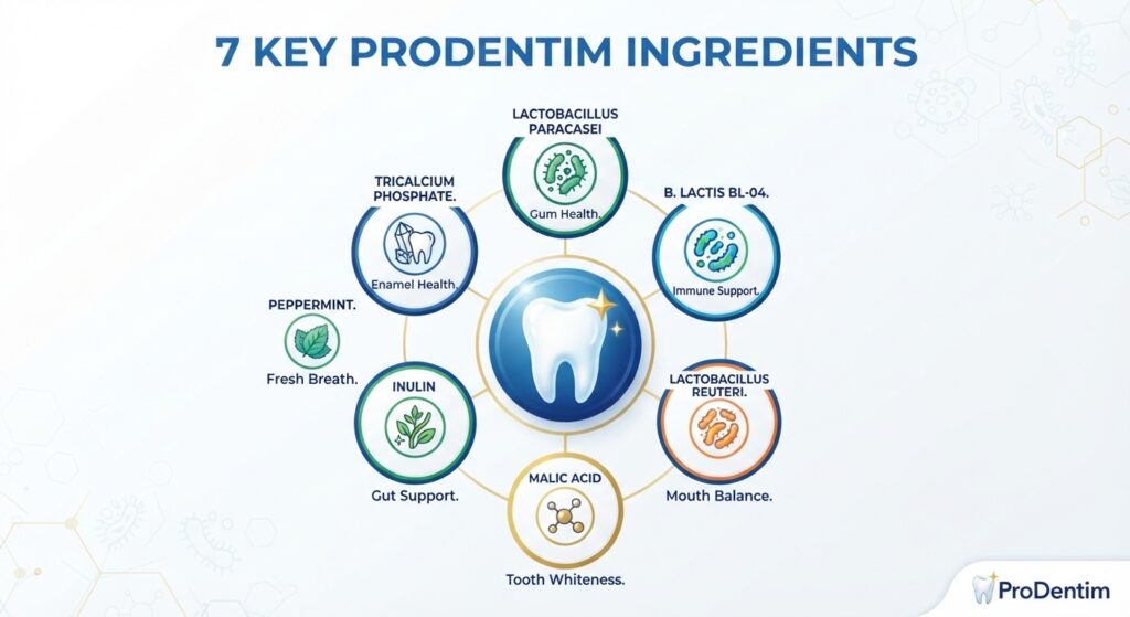 7 ProDentim ingredients arranged in circle around central tooth icon 
