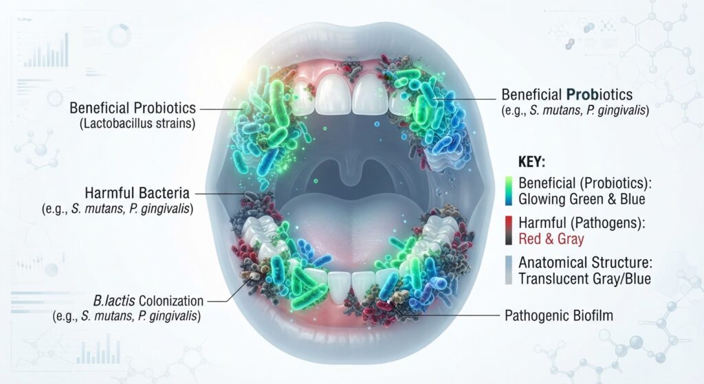 Microscopic bacteria in mouth: green (good) vs. red (bad) colonies