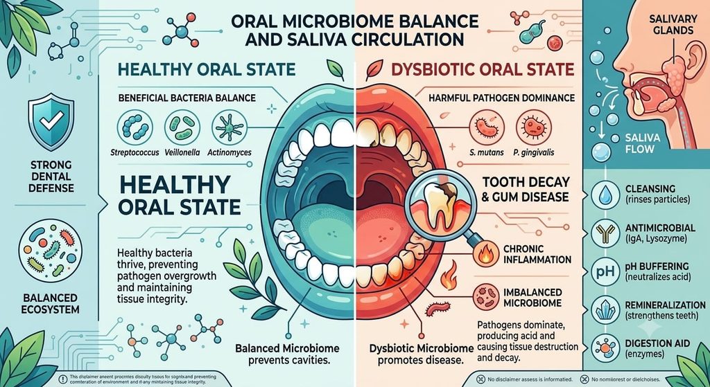 ProDentim Review 2026: Oral microbiome balance and saliva circulation infographic for dental health