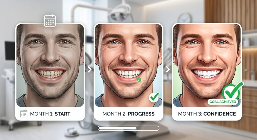 ProDentim 90-Day Journey Cartoon illustration showing teeth whitening progress over three months