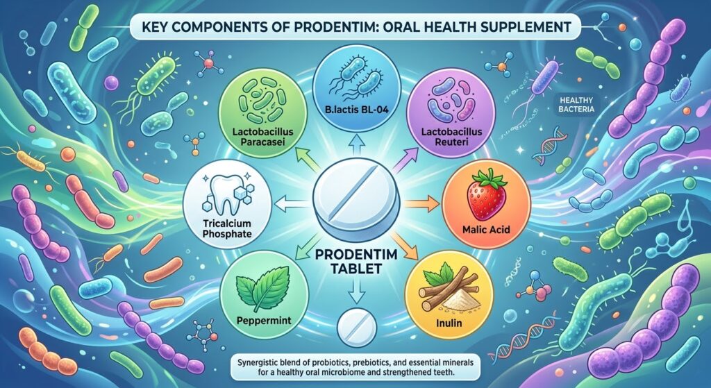 ProDentim Ingredients Infographic Lactobacillus, B.lactis, Malic Acid, and other key components