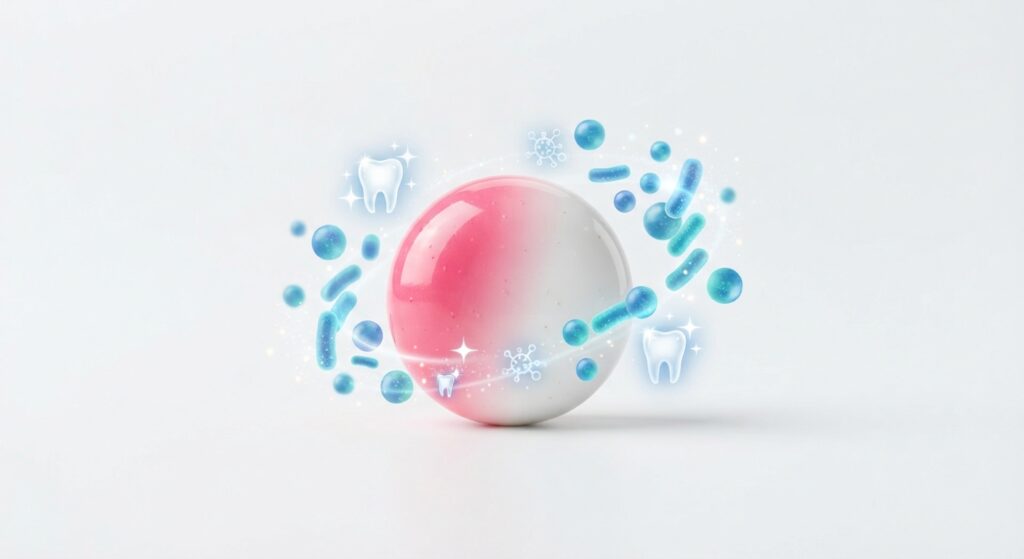 ProDentim candy on white background with floating bacteria + teeth icons