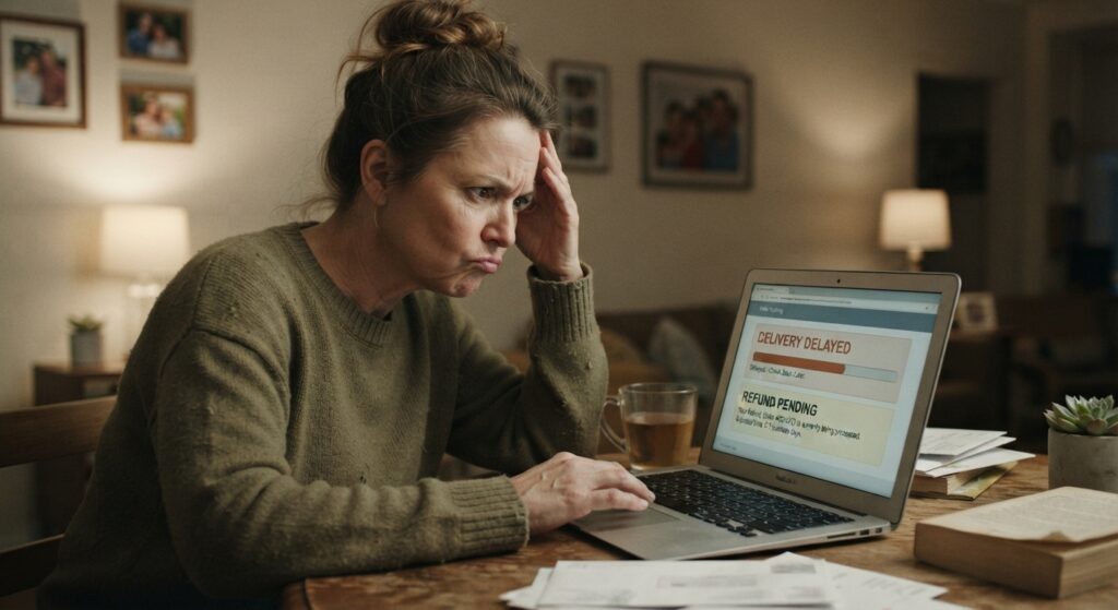 Frustrated customer looking at a delayed shipping and refund notice on a laptop.