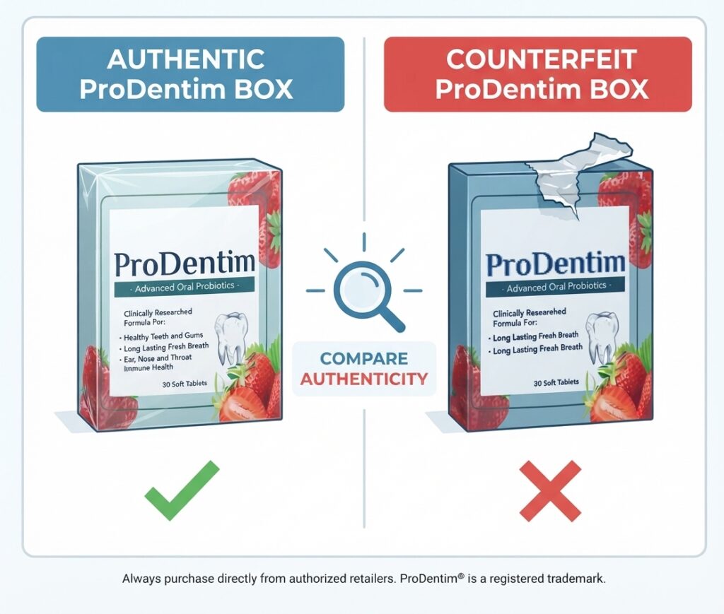 Diagram of counterfeit vs authentic supplement packaging warning signs