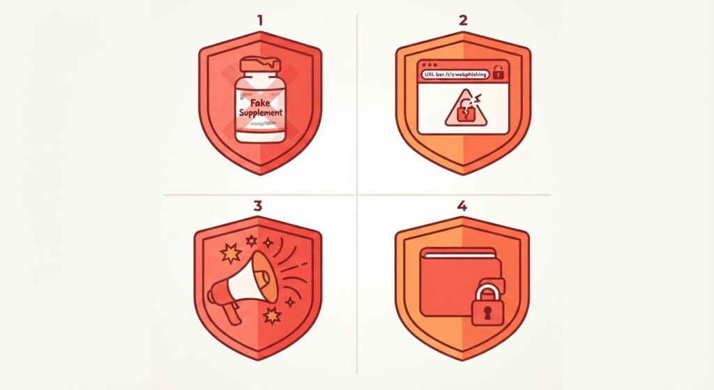 Four warning sign icons representing different types of supplement scams