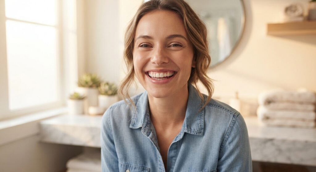 Person smiling with healthy pink gums after consistent oral probiotic routine