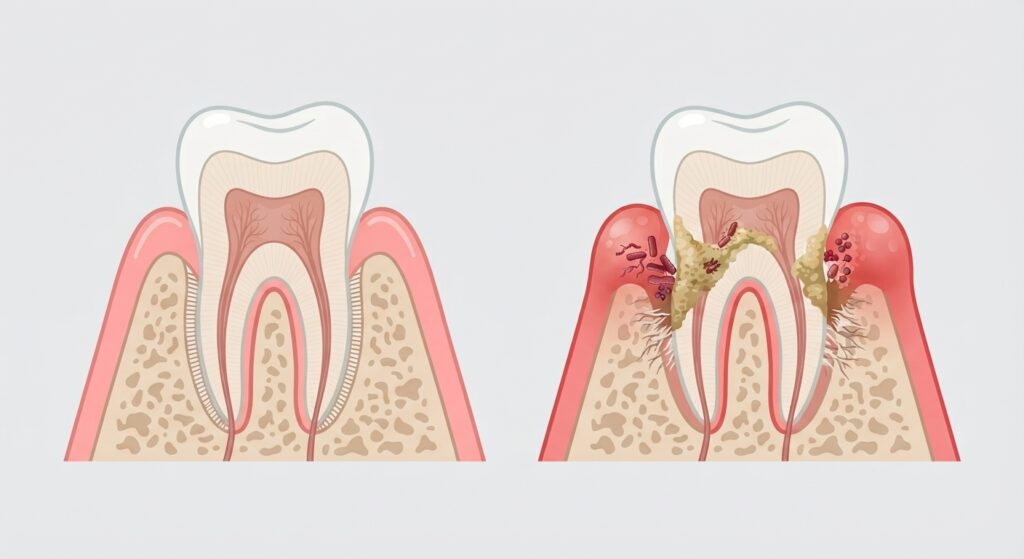 Close-up illustration of healthy versus inflamed gum tissue cross-section