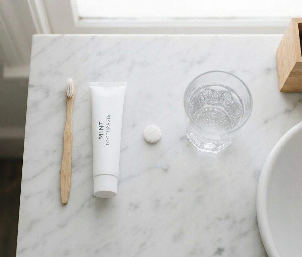 Morning bathroom routine showing toothbrush, supplement tablet, and glass of water