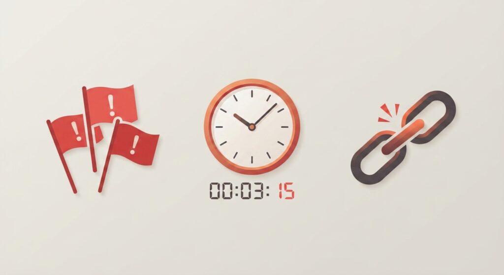 Flat lay of red flag icons representing online shopping scam warning signs