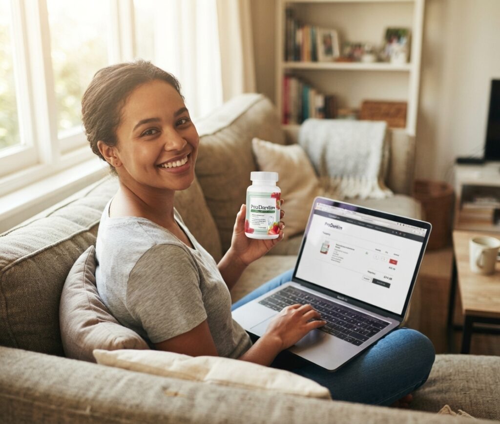 Smiling person holding a supplement bottle while shopping online at home