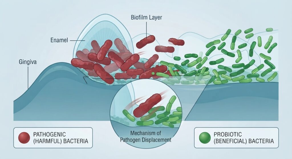 Illustration of oral bacteria causing bad breath and probiotics competing with them