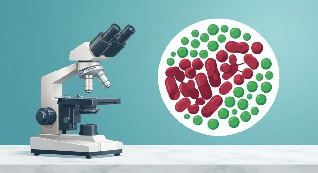 Scientific microscope illustration showing probiotic bacteria and periodontal pathogens