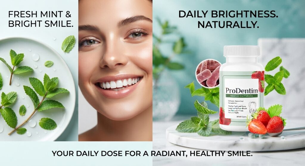 ProDentim Benefits - supplement bottle with fresh breath and bright smile icons