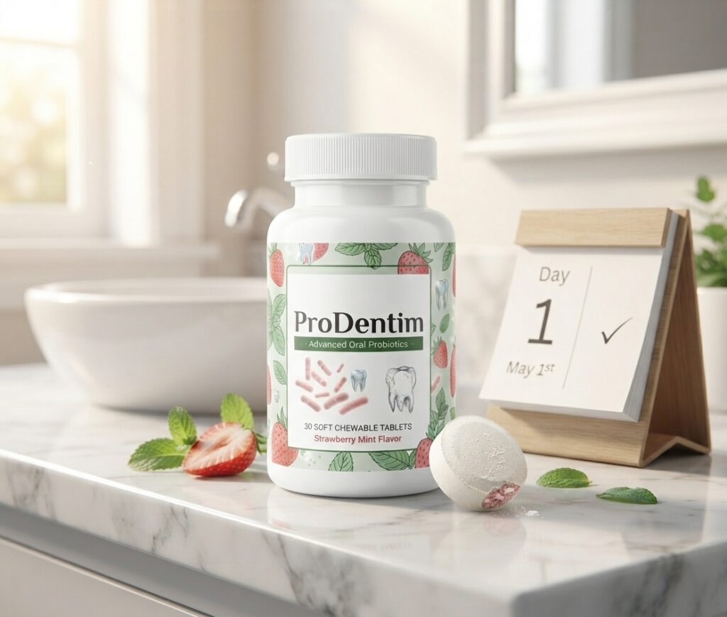 ProDentim supplement bottle with 30 chewable tablets and monthly supply label