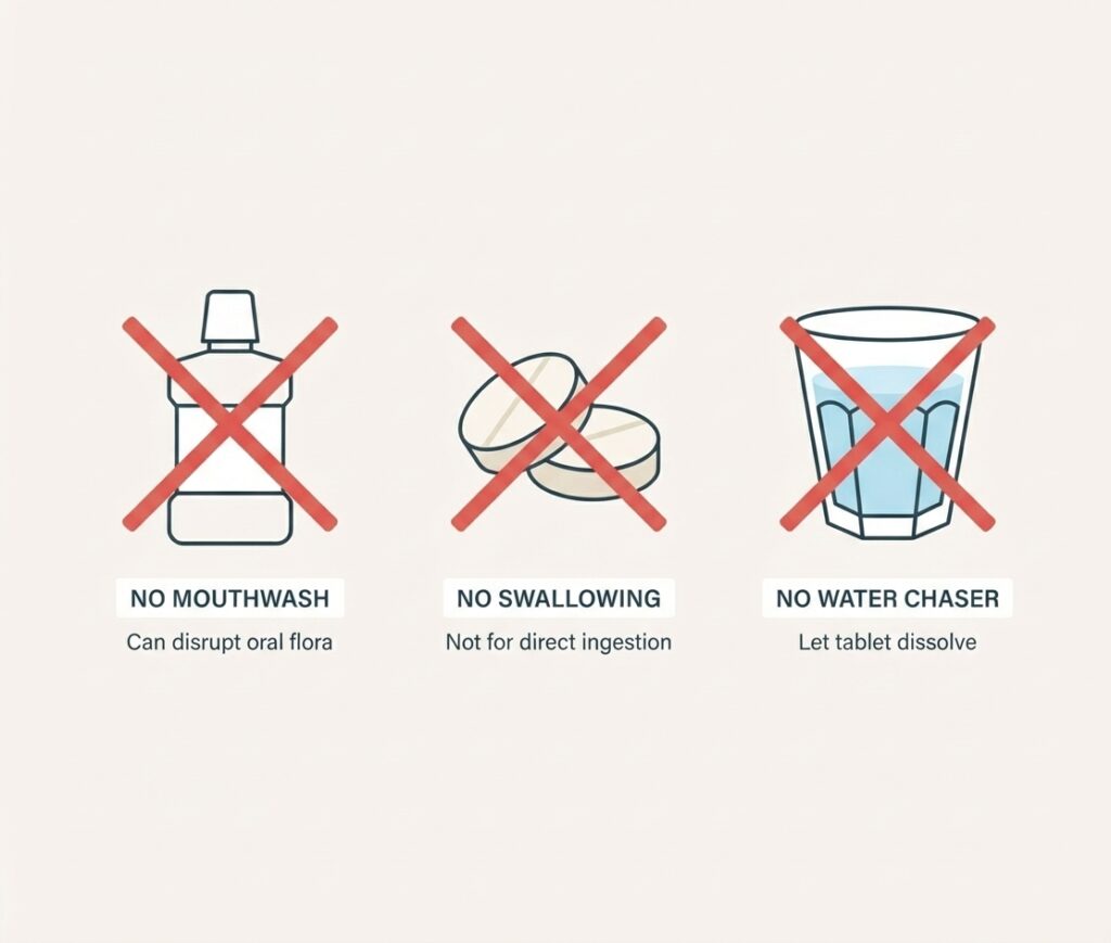 Flat lay warning icons: crossed out mouthwash bottle, doubled tablets, and crossed out water glass