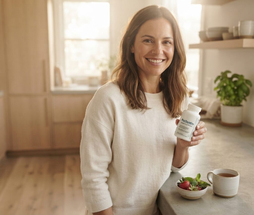 Person confidently holding ProDentim supplement as part of a daily routine