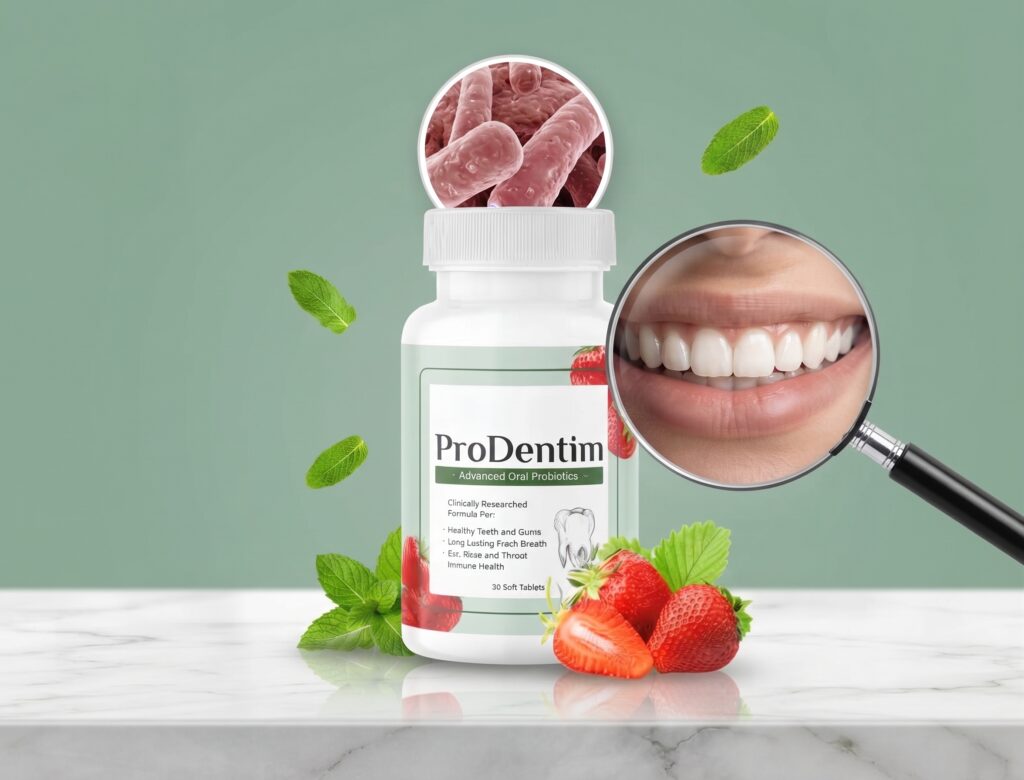 ProDentim for Gums - probiotic supplement with healthy pink gum tissue illustration