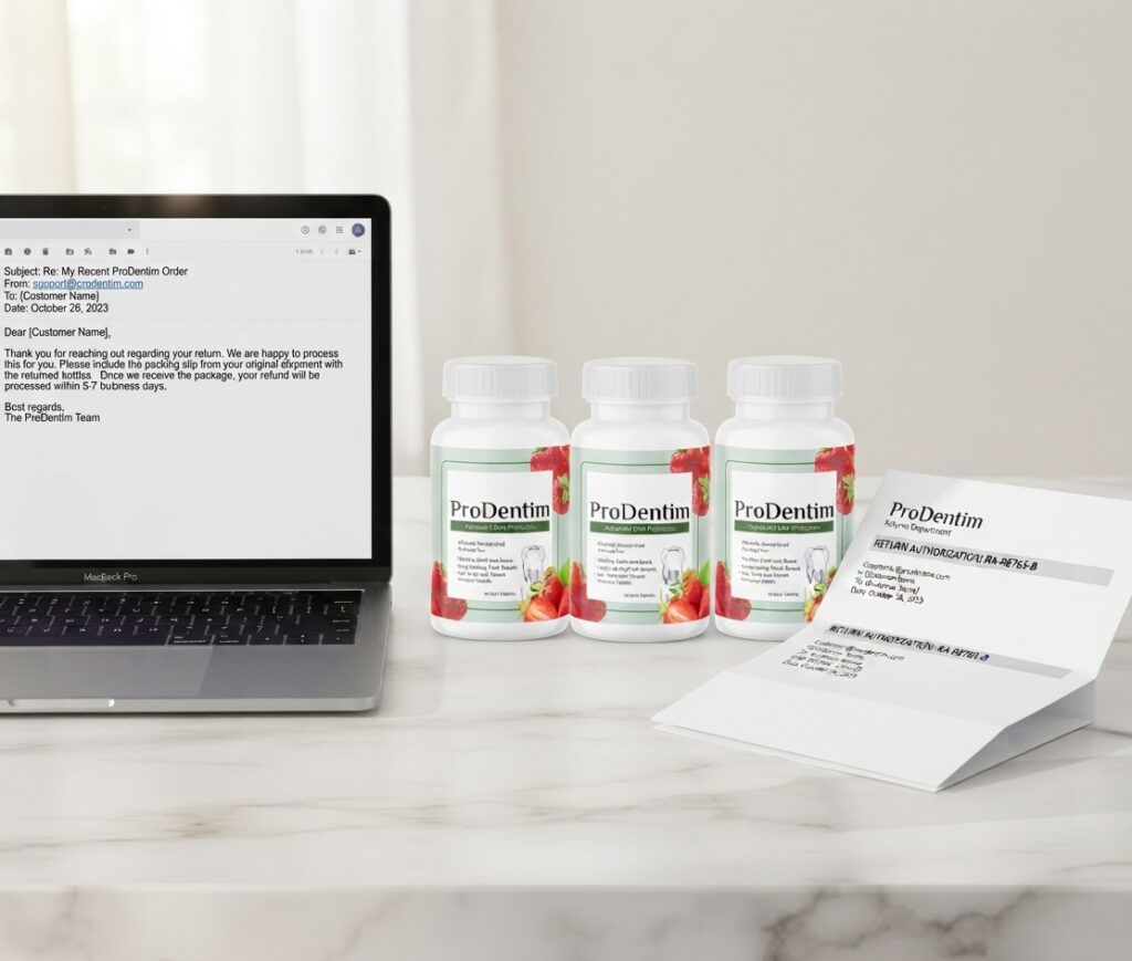 ProDentim refund policy guide showing product bottles and return packing slip