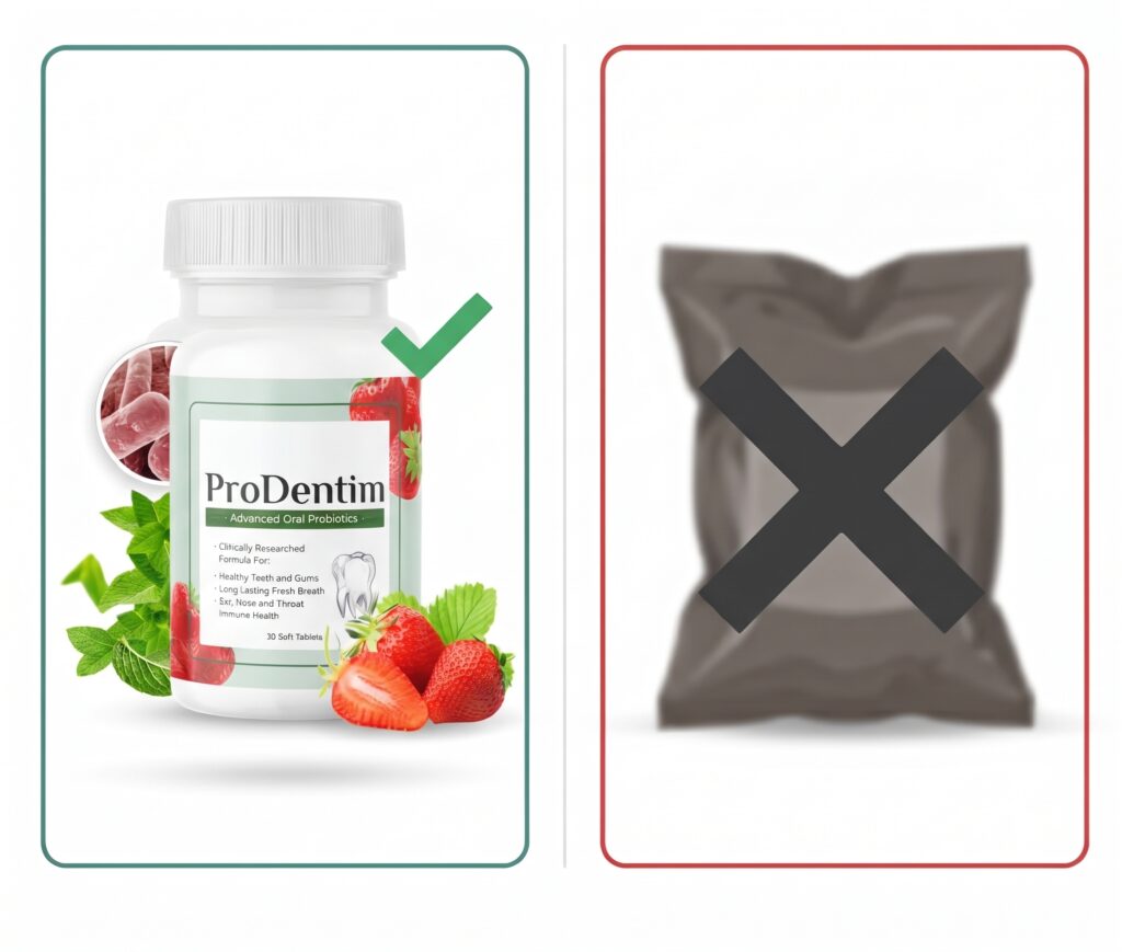 ProDentim Scam - legitimate supplement bottle vs warning fake counterfeit signs