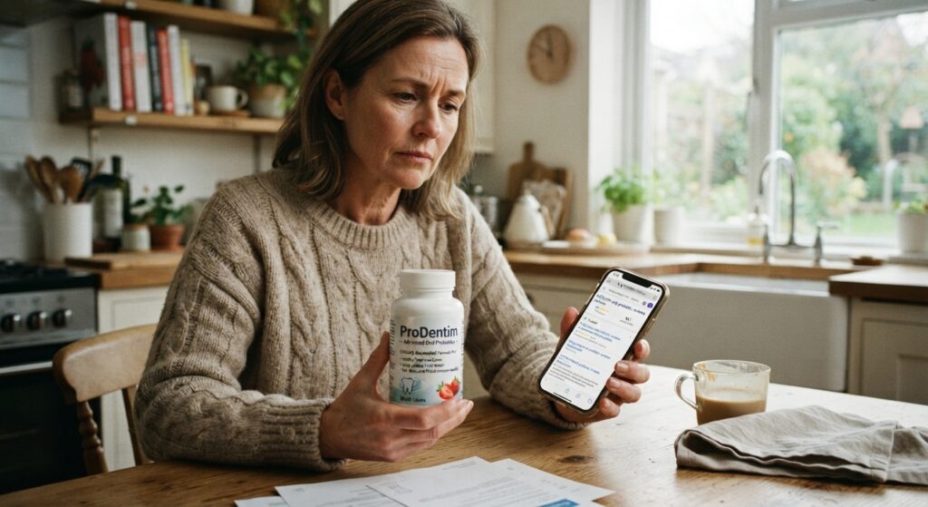 Person weighing pros and cons before buying an oral health supplement